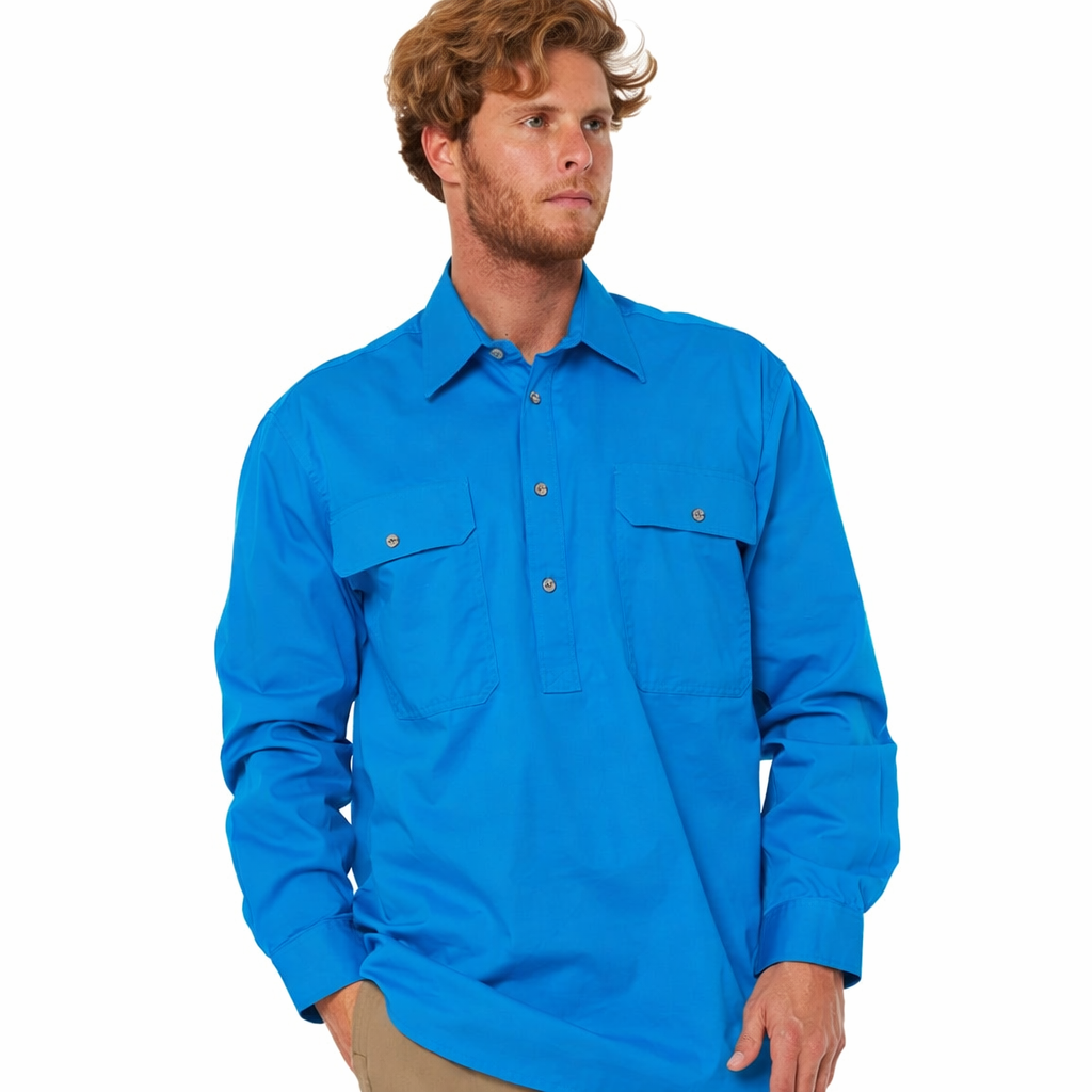 Man wearing a blue shirt on a white background